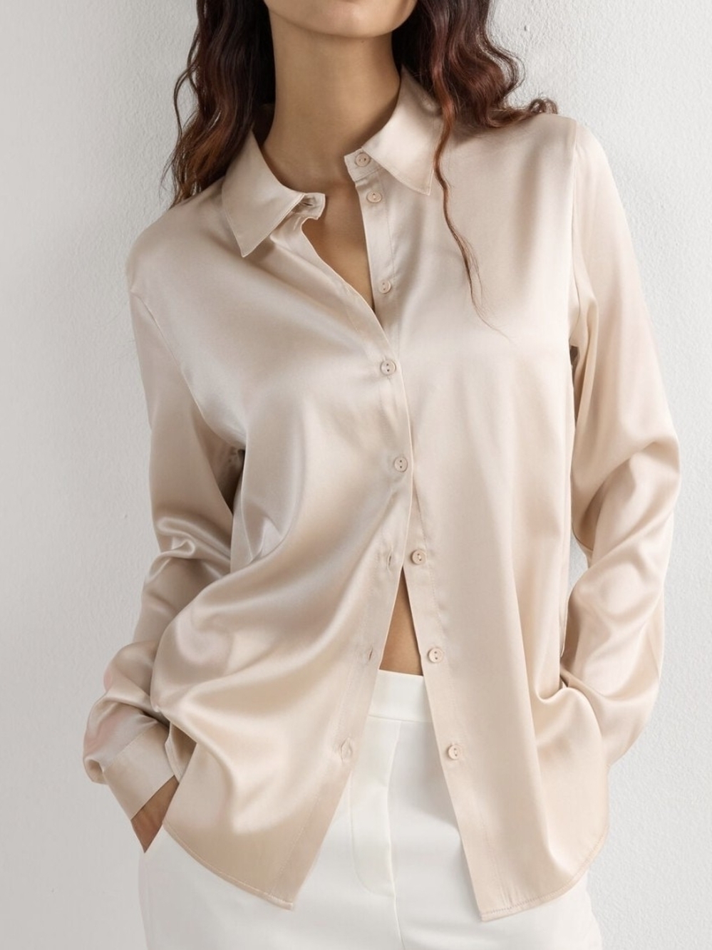 intimissimi Satin Button-Down Shirt in Light Beige